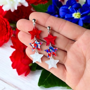 Patriotic Star glitter Earrings | Red White Blue 4th of July Jewelry | Sparkle USA Fireworks Earrings | Summer Earrings gift for her