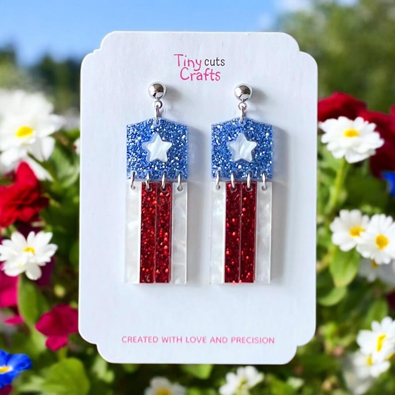 Patriotic red white blue earrings with glitter stars and long dangle stripes, perfect for 4th of July outfits, American flag jewelry, 2 to 2.25 inches