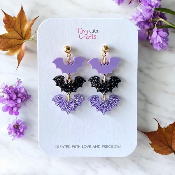 Spooky Stacked Bat Earrings: Glittery Halloween Goth Jewelry