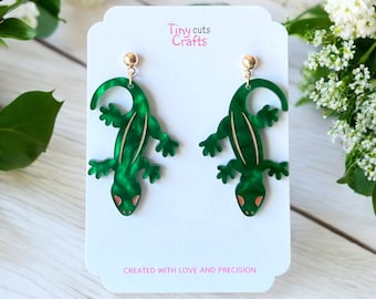 Green Gecko Dangle Earrings: Marbled Acrylic Lizard Jewelry
