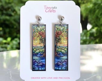 Faux Stained Glass Tree Earrings: Colorful Nature Dangle Jewelry