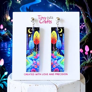 Whimsical Bar Earrings: colorful forest landscape dangles with night sky, long rectangle acrylic jewelry