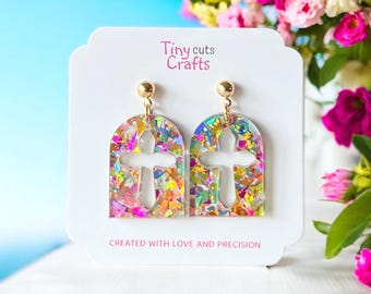 Christian Cross Earrings | Confetti Glitter Church Window Earrings | Religious Jewelry for Women | Easter Gift, Baptism Gift, Faith Earrings