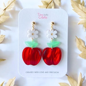 Unique red apple earrings, daisy details, perfect for teachers, summer fashion, fun jewelry, lightweight, vibrant style, acrylic, stainless steel, 2.30" x 2.10" x 0.95".