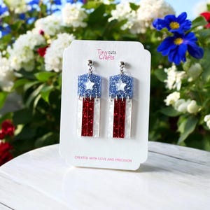 Glitter 4th of July earrings with red sparkles and white star accent, fun flag earrings for celebration, 2 to 2.25 inches