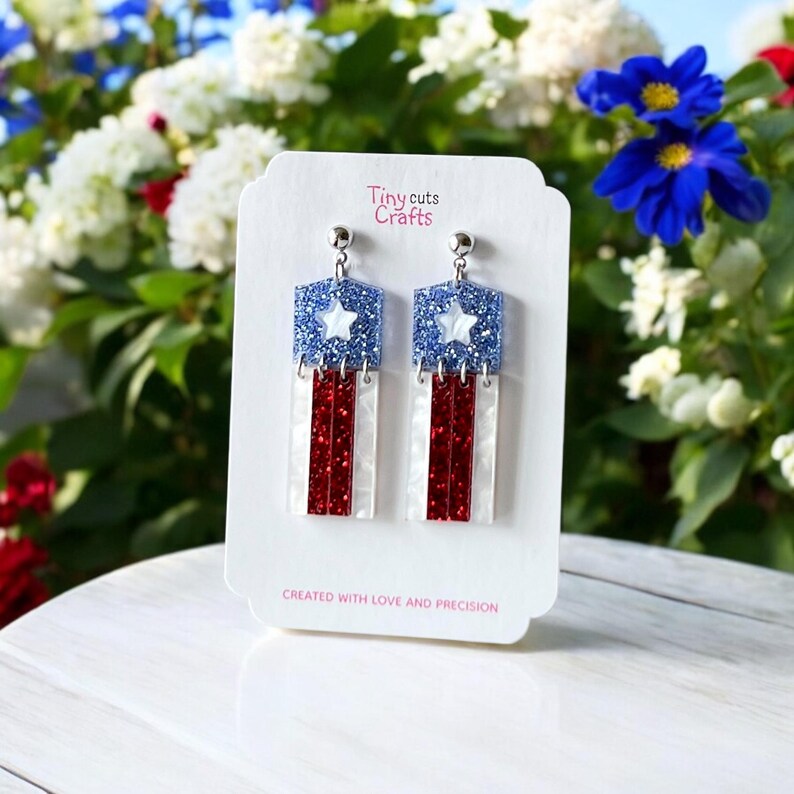 Glitter 4th of July earrings with red sparkles and white star accent, fun flag earrings for celebration, 2 to 2.25 inches