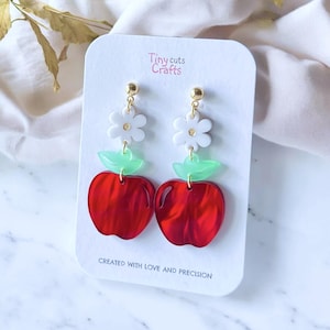 Stylish red apple earrings with daisy, teacher gift, summer accessories, fun and vibrant, lightweight earrings, acrylic, stainless steel, 2.30" x 2.10" x 0.95".
