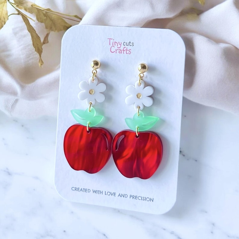 Stylish red apple earrings with daisy, teacher gift, summer accessories, fun and vibrant, lightweight earrings, acrylic, stainless steel, 2.30" x 2.10" x 0.95".