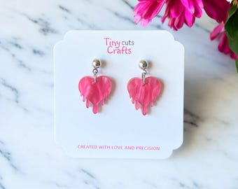 Pink Dripping Heart Earrings: Gothic Acrylic Dangle Jewelry