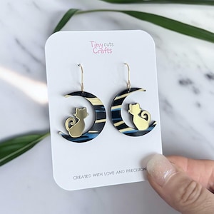 Cat on the moon earrings | black moon earrings | celestial jewelry | Goth earrings | Wiccan cat earrings | Gothic jewelry | blue gold