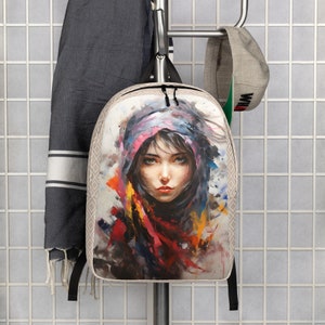 Colorful female portrait, stylish all-over print backpack with playful colors, free shipping