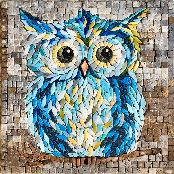 Natural Stone Owl Mosaic: Handmade Mosaic Artwork 400mm x 400mm - A Unique Gift Idea