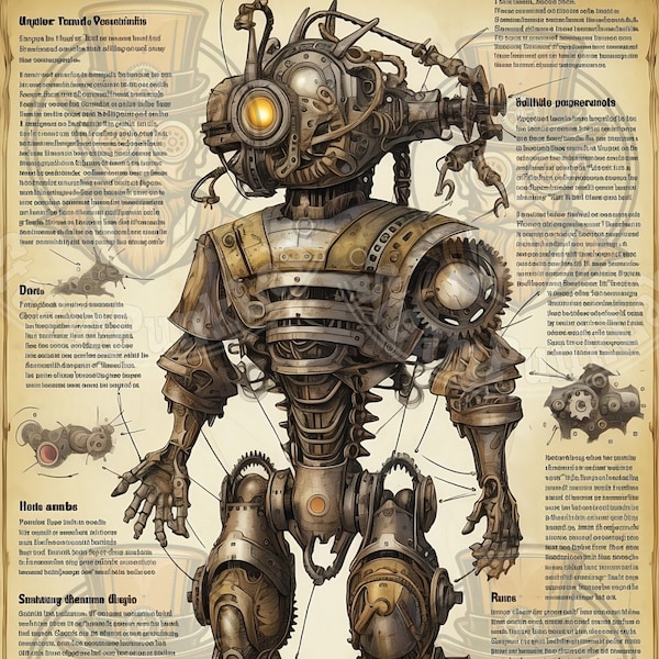 Page of Steampunk book, owners manual for a Steampunk robot