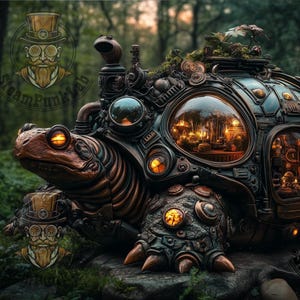Illustration numérique steampunk d’une tortue mécanique – Art digital fantastique en PNG téléchargeable haute résolution