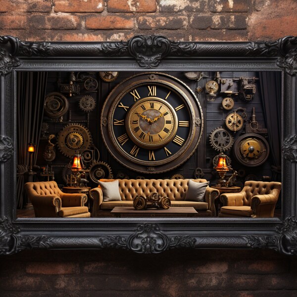 Captivating Steampunk Sofa with Large Clock Image - A Fusion of Timeless Charm and Futuristic Elegance