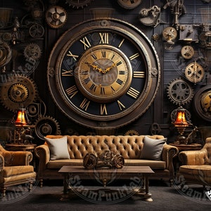 Cautivador sofá Steampunk con imagen de gran reloj: una fusión de encanto atemporal y elegancia futurista