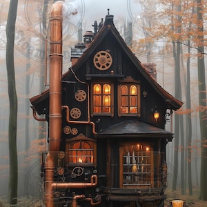 Refuge Steampunk : Cabane en Bois avec Éléments Mécaniques