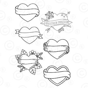 May include: Set of six black and white line drawings of hearts with banners. Some hearts have flowers and arrows. One banner says "Together Forever".