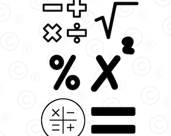 May include: Black and white illustration of various mathematical symbols, including plus, minus, multiply, divide, percentage, exponent, square root, and equals signs.