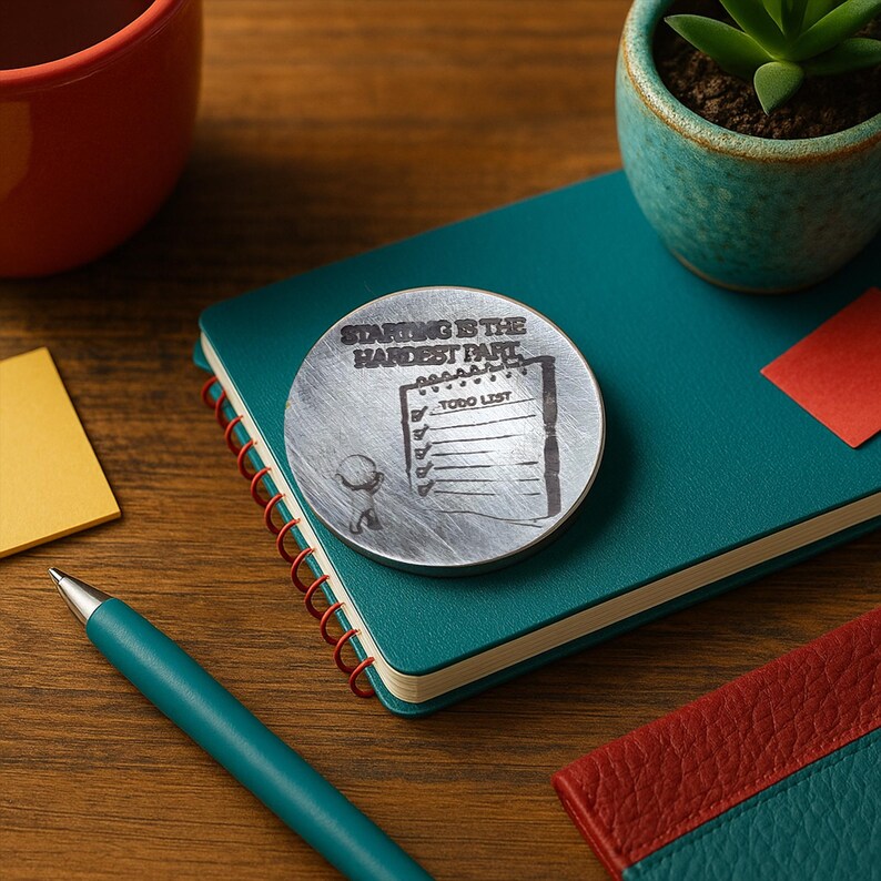May include: A silver-colored round metal coaster with the text "STARTING IS THE HARDEST PART" and a to-do list design. The coaster sits on a teal notebook next to a pen, a small succulent, and a red mug.