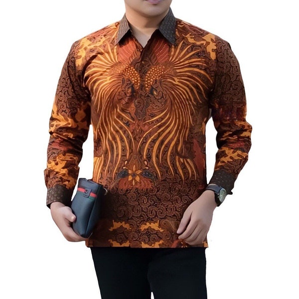 Chemise en batik d'Indonésie pour homme, orange, à manches longues, motif unique - Hendarso