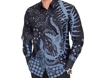 Men's Indonesia Batik Shirt Blue, Long Sleeve Unique Pattern
