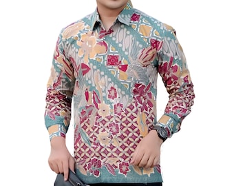 Men's Indonesia Batik Shirt Orange, Long Sleeve Unique Pattern - Baginda