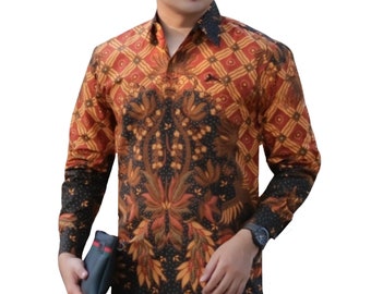 Men's Indonesia Batik Shirt Orange, Long Sleeve Unique Pattern - Prajingga