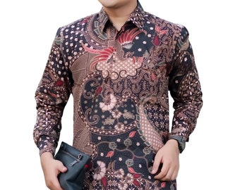 Men's Indonesia Batik Shirt Black, Long Sleeve Unique Pattern - Jagakarsa