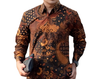 Men's Indonesia Batik Shirt Orange, Long Sleeve Unique Pattern - Toraja