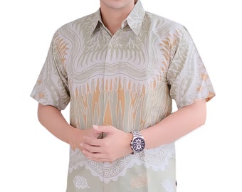 Men's Indonesia Batik Shirt Beige, Short Sleeve Unique Pattern - Ananda