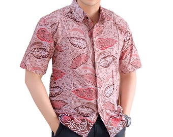 Men's Indonesia Batik Shirt, Short Sleeve Unique Pattern - Keladi