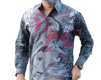 Men's Indonesia Batik Shirt Gray, Long Sleeve Unique Pattern - Amora