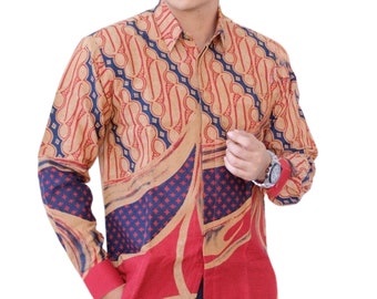 Chemise Batik Indonésie Homme Beige, Manches Longues Motif Unique - Agni