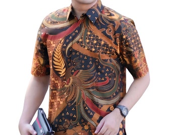 Men's Indonesia Batik Shirt Orange, Short Sleeve Unique Pattern - Bekisar