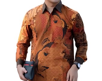 Men's Indonesia Batik Shirt Orange, Long Sleeve Unique Pattern - Satru