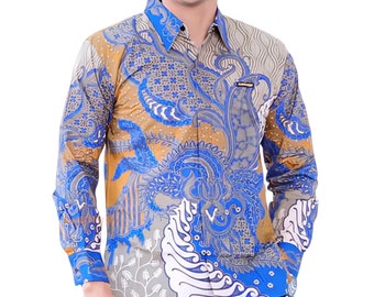 Men's Indonesia Batik Shirt Beige, Long Sleeve Unique Pattern - Bramantya