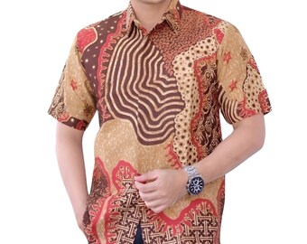 Men's Indonesia Batik Shirt Cream, Short Sleeve Unique Pattern - Tango