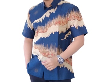Men's Indonesia Batik Shirt, Blue Short Sleeve Unique Pattern Manah