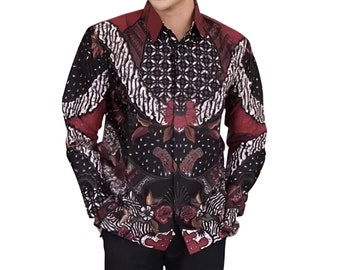 Men's Indonesia Batik Shirt Black, Long Sleeve Unique Pattern - Jayasura