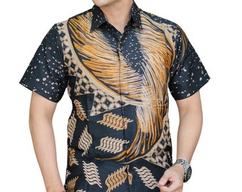 Men's Indonesia Batik Shirt Black, Short Sleeve Unique Pattern - Wisnu
