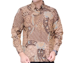 Men's Indonesia Batik Shirt Beige, Long Sleeve Unique Pattern - Argo