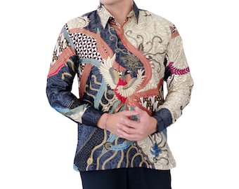 Men's Indonesia Batik Shirt, Beige Sleeve Unique Pattern - Aleandre