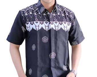Men's Indonesia Batik Shirt Black, Long Sleeve Unique Pattern - Kumbang