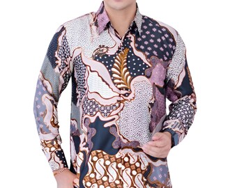 Chemise en batik d'Indonésie pour homme, manches noires, motif unique - Andanu