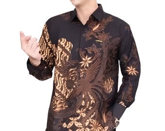 Men's Indonesia Batik Shirt Black, Long Sleeve Unique Pattern - Rajaswa
