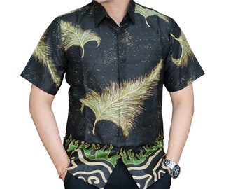 Men's Indonesia Batik Shirt Black, Short Sleeve Unique Pattern - Budiman