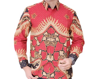 Men's Indonesia Batik Shirt Red, Long Sleeve Unique Pattern - Bandar