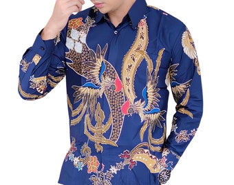 Men's Indonesia Batik Shirt Blue, Long Sleeve Unique Pattern - Prasetya