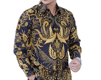 Men's Indonesia Batik Shirt Black, Long Sleeve Unique Pattern - Wismaaji